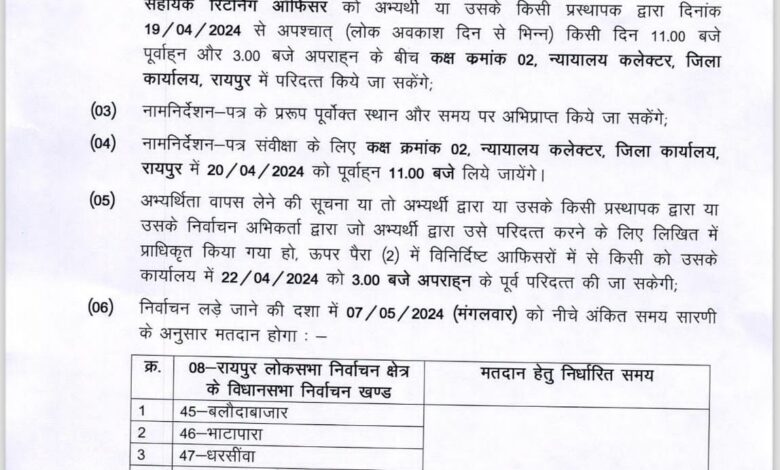 रायपुर लोकसभा निर्वाचन के लिए अधिसूचना जारी, 19 अप्रैल तक लिये जाएँगे नामांकन